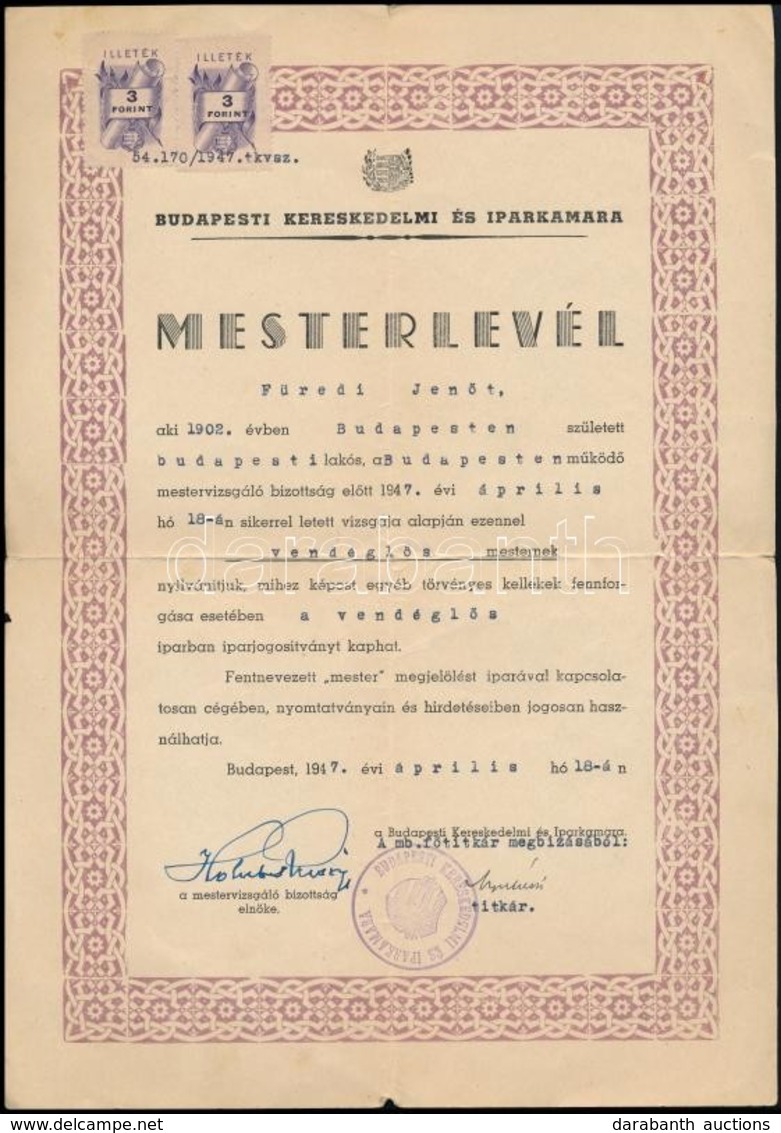 1947 Füredi Jenő Vendéglőst, Főpincért ábrázoló 3 Db Fotó, 13×18 Cm + A Budapesti Kereskedelmi és Iparkamara által Kiáll - Unclassified