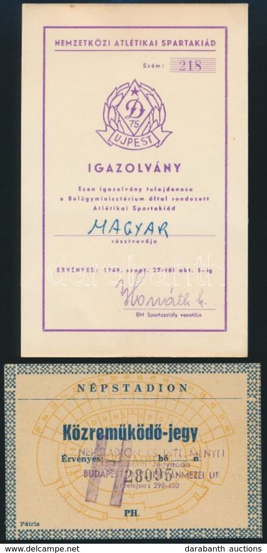 1960 Újpest Dózsa Nemzetközi Atlétikai Spartakiád Igazolvány és Közreműködő Jegy A Népstadionba, - Non Classificati