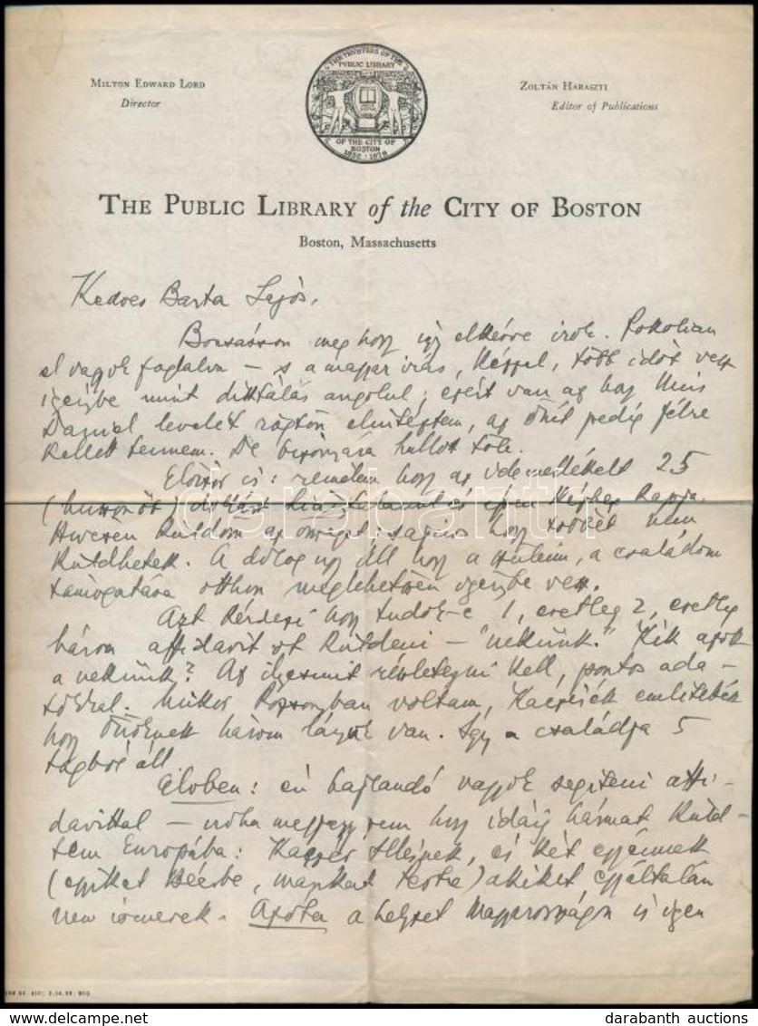 Haraszti Zoltán (1892-1975) Könyvtáros, író, Szerkesztő Saját Kézzel írt Levele Barta Lajos (1878-1964) író Részére, A B - Unclassified