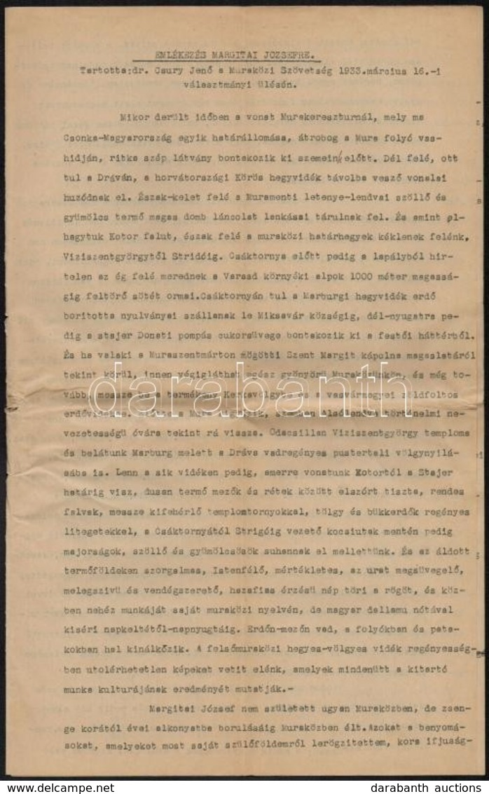 1933 Emlékezés Margitai Józsefre - Csury Jenő Beszéde A Muraközi Szövetség Választmányi ülésén - Unclassified