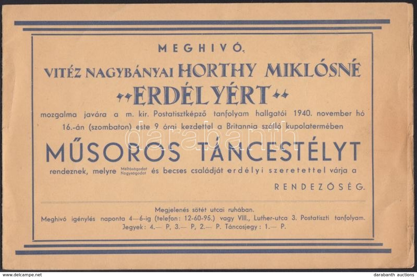 1940 M. Kir. Postatisztképző Tanfolyam Hallgatóinak Műsoros Táncestélye Vitéz Nagybányai Horthy Miklósné Erdélyért Mozga - Sin Clasificación