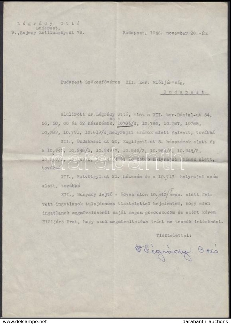 1946 Légrády Ottó (1878-1948) újságíró és Kiadó Aláírása Egy Budapest Székesfővárosa XII. Ker. Elöljáróságának, Magánügy - Non Classés