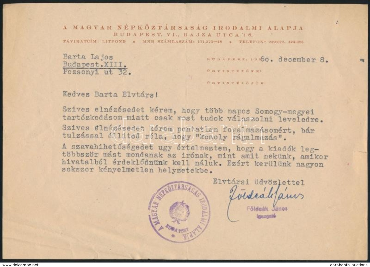 1960 Földeák János (1910-1997) József Attila-díjas író, Költő, Magyar Népköztársaság Irodalmi Alapjának Igazgatójának (1 - Unclassified