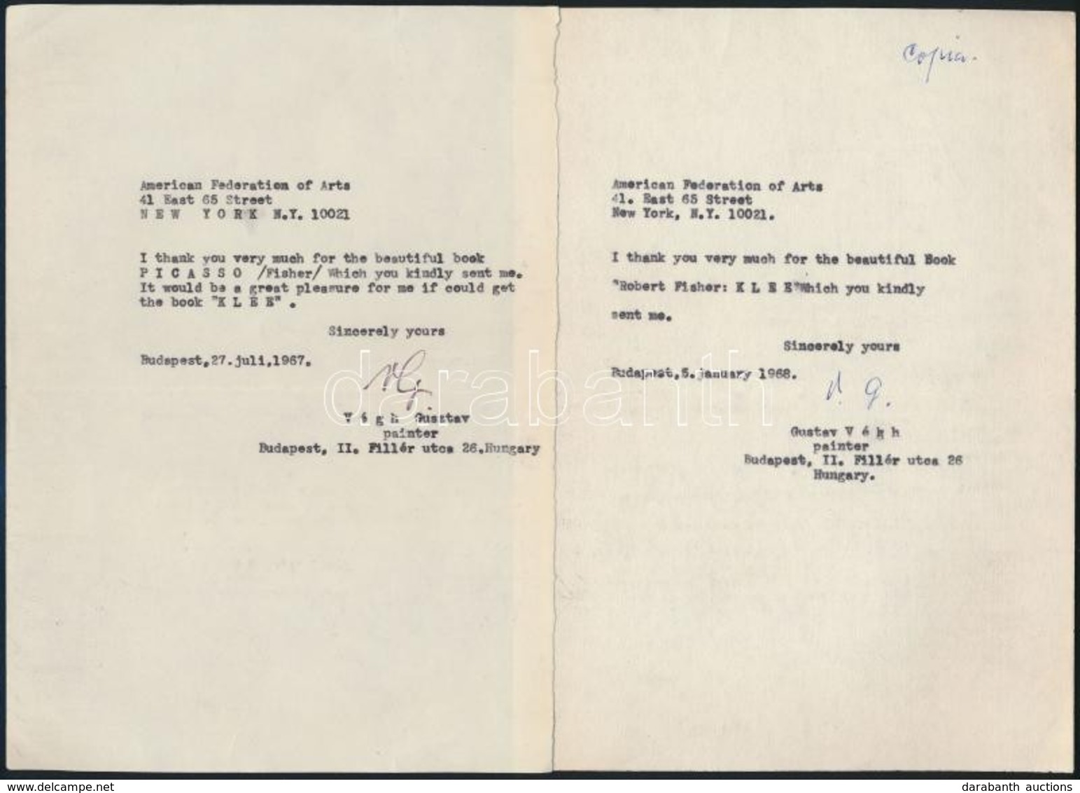 1967-1968 Végh Gusztáv (1889-1973) Festő, Grafikus Gépelt, Angol Nyelvű Köszönő Levelei American Federation Of Art Részé - Non Classés
