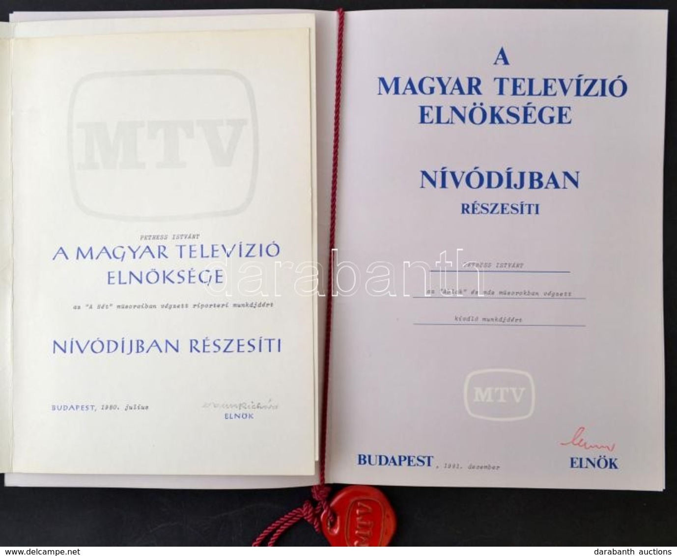 1980-1981 MTV Elnökségének Nívódíjai Petress István (1933-2002) újságírónak, Riporternek A Hét, Ablak és Más Műsorokban  - Ohne Zuordnung