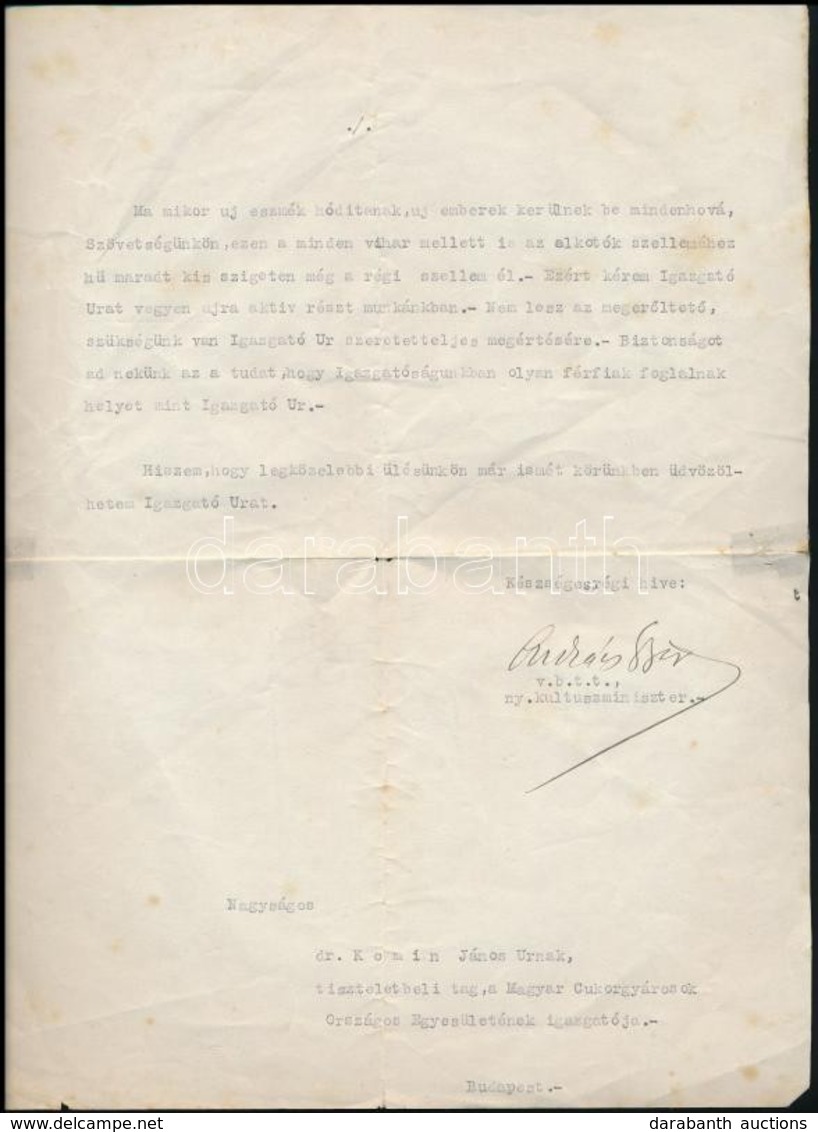 Lukács György (1865-1950) Ny. Kultuszminiszter Aláírása Egy Dr. Komin Jánosnak (1871-1940) A Magyar Cukorgyárosok Ország - Other & Unclassified