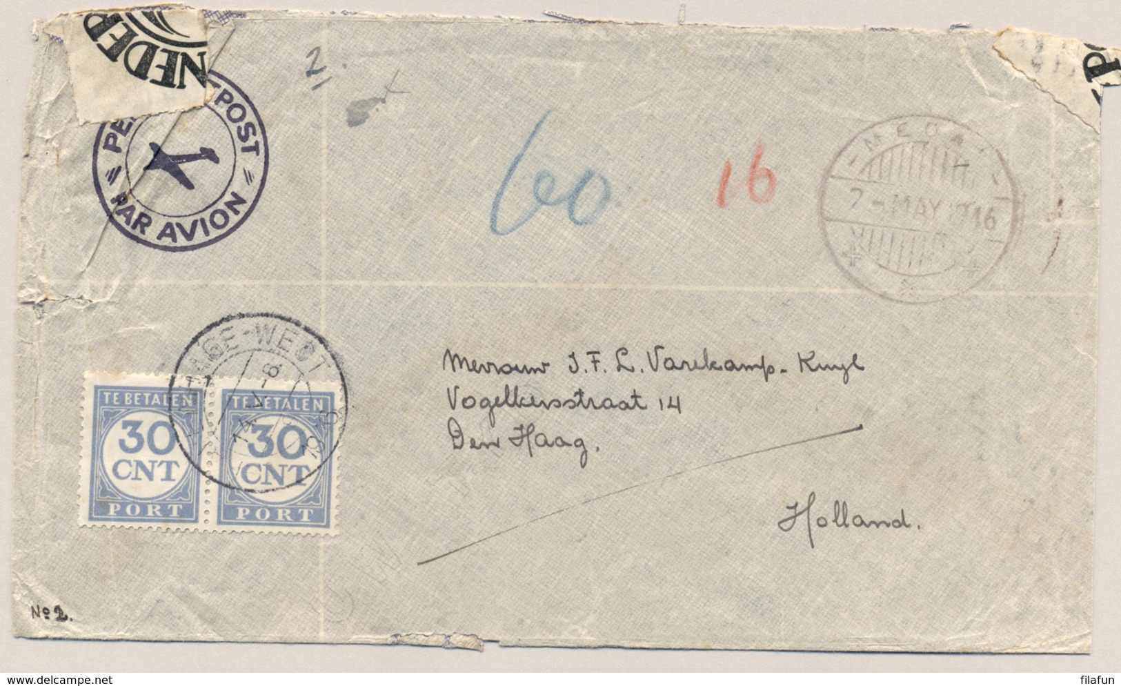 Nederlands Indie / Nederland - 1946 - Met 2x 30c Beporte Cover Van Nederlands Gezag Type Z MEDAN Naar Den Haag - Nederlands-Indië