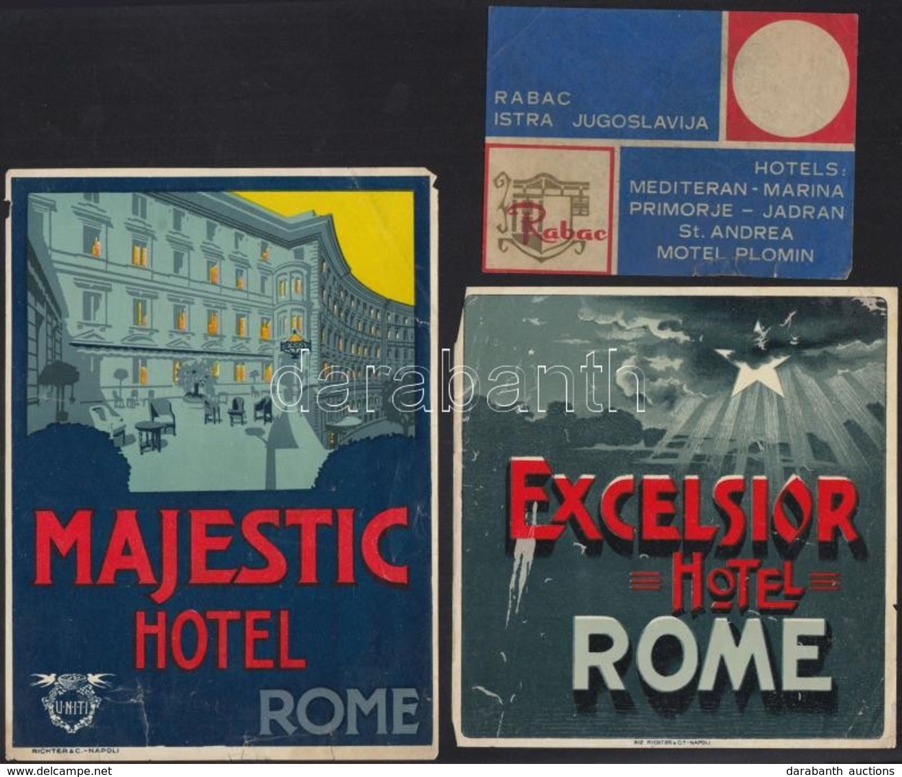 12 Db Bőröndcímke (Hortobágyi Csárda, Albergo Universo Roma, Majestic Hotel Rome, Stb.) - Publicités