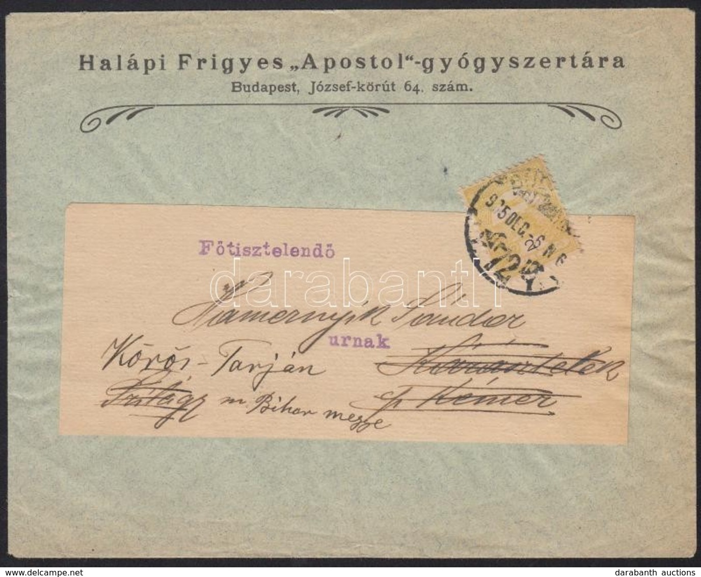 1905 Bp.,Halápi Frigyes 'Apostol'-gyógyszertárának Borítékja - Publicités
