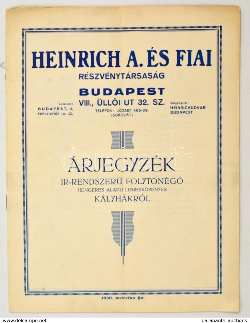 1930 Heinrich A. és Fiai Rt. árjegyzéke ír Rendszerű Folytonégő Hengeres Alakú Lemezköpenyes Kályhákról - Advertising