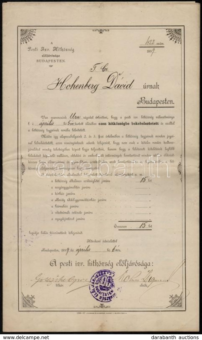 1899 Pesti Izraelita Hitközség Okmánya Goldziher Ignác Orientalista (1850-1921) Aláírásával - Sonstige & Ohne Zuordnung