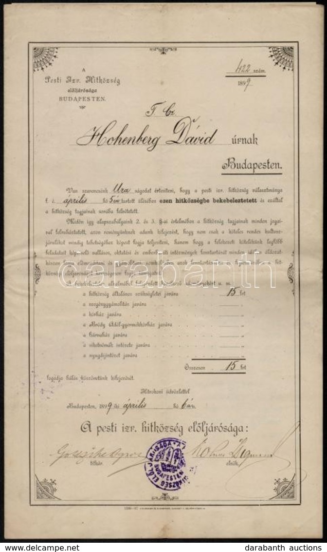 1899 Pesti Izraelita Hitközség Okmánya Goldziher Ignác Orientalista (1850-1921) Aláírásával - Other & Unclassified