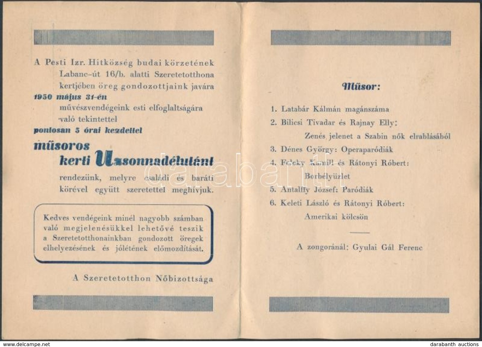 1950 Budai Izraelita Aggok és árvák II. Labanc úti Intézményének Meghívója - Otros & Sin Clasificación