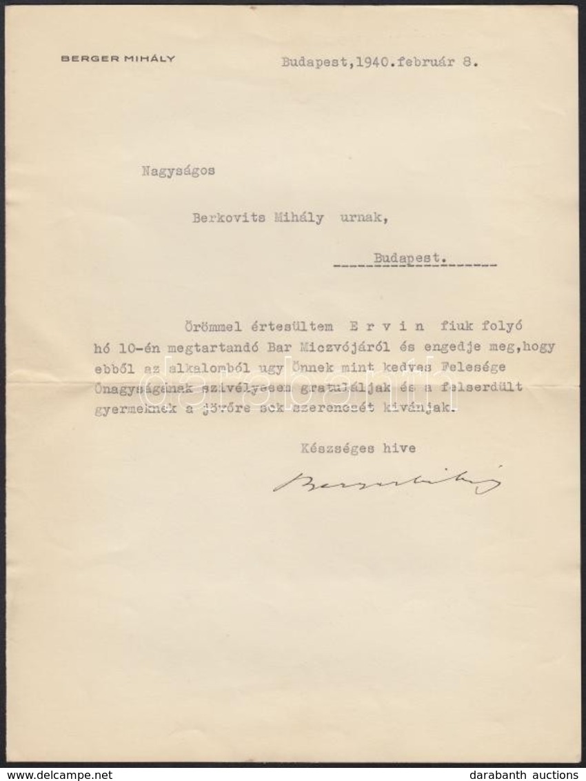 1940 Bar-micvó Alkalmából Tartandó Gratuláló Levél, Fejléces Papíron, Aláírással. - Sonstige & Ohne Zuordnung