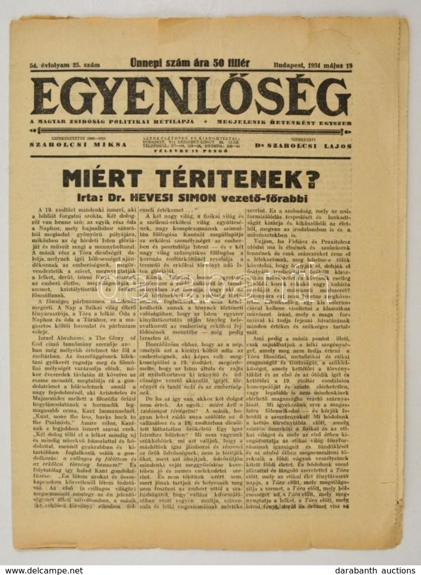 1934 Az Egyenlőség Zsidó Politikai Hetilap 54. évf. 25. Lapszáma, érdekes írásokkal - Other & Unclassified