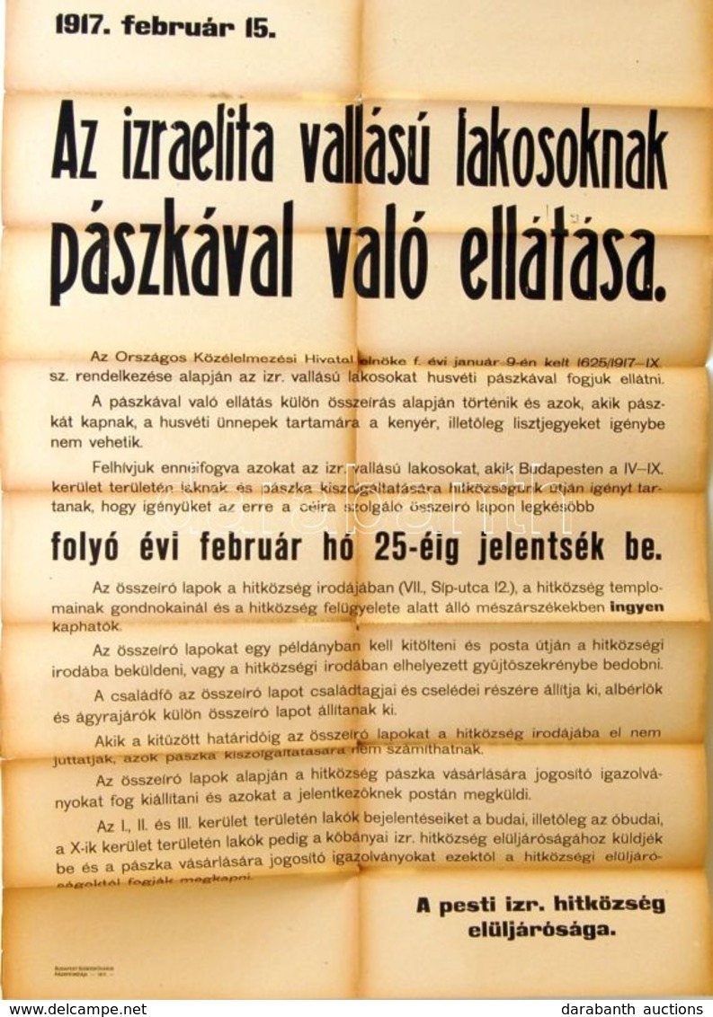 1917 Judaika Témájú Hirdetmény A Pászkaellátás Szabályairól 65x90cm - Autres & Non Classés