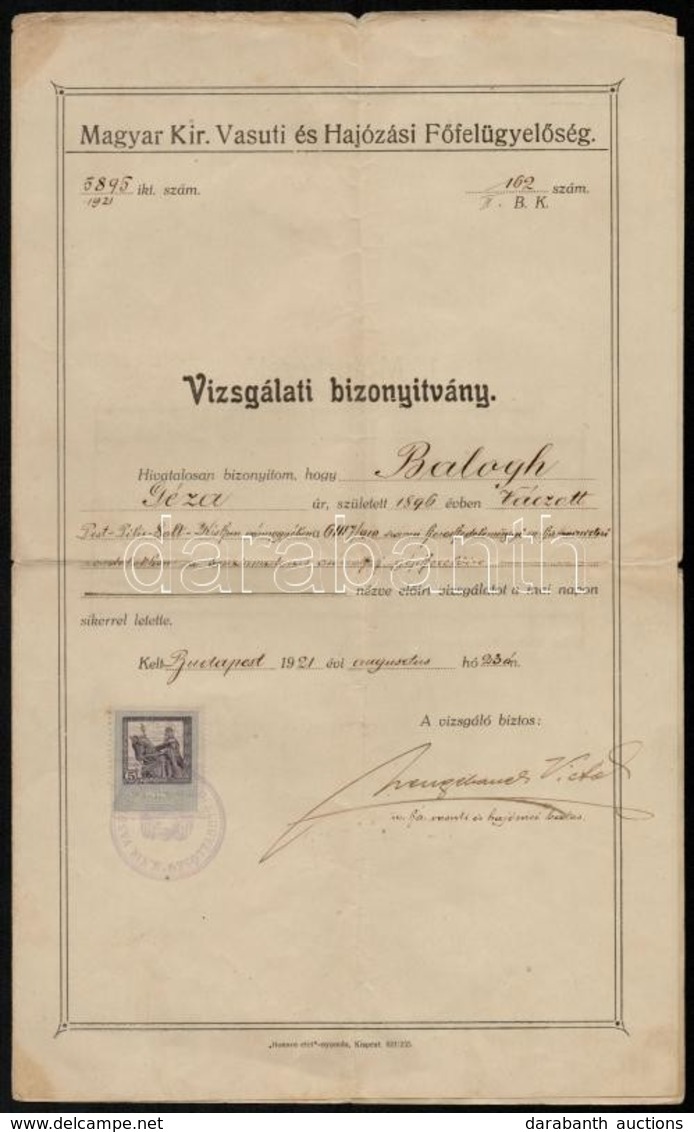 1931 Magyar Kri. Vasúti és Hajózási Főfelügyelőség 2 Db Bizonyítvány - Other & Unclassified