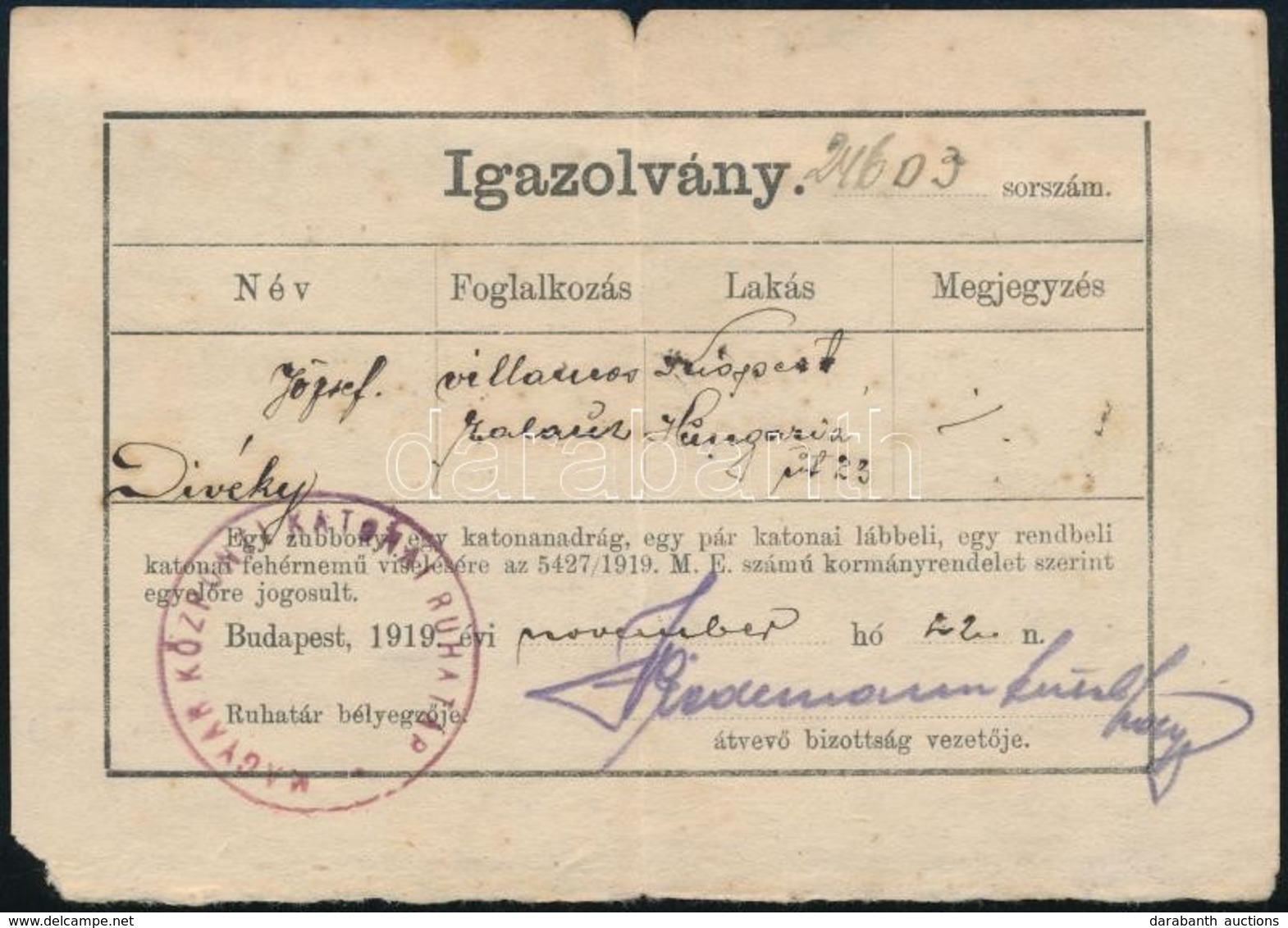 1919 Bp., Igazolvány A Magyar Központi Katonai Ruhatár Pecsétjével - Ohne Zuordnung