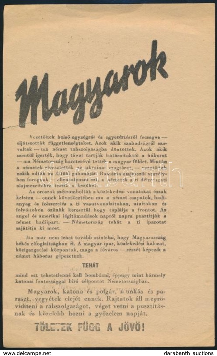 1942 Magyarok! Szövetségesek II. Világháborús Röplapja, Szakadt, 20x12 Cm - Non Classés