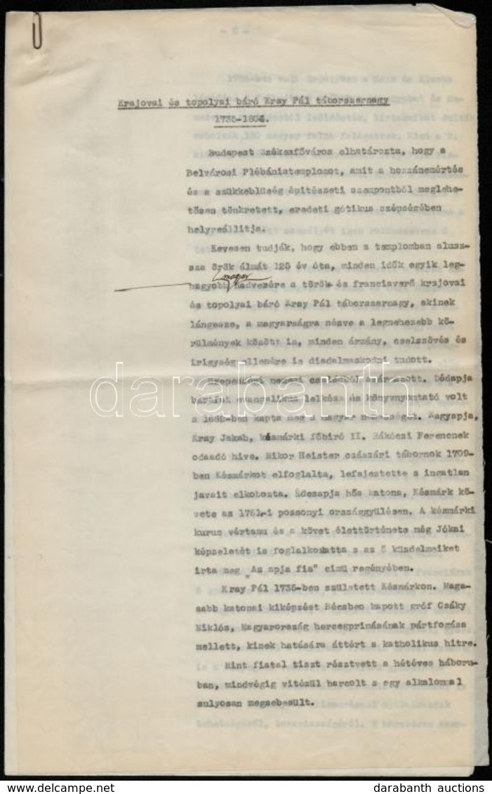 Dr. Jáky Gyula: Krajovai és Topolyai Báró Kray Pál Táborszernagy. 1735-1804. 4 Gépelt Oldal. - Non Classés