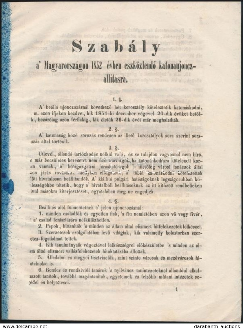 1852 Szabály A' Magyarországon 1852. évben Eszközlendő Katonaújoncállításra, Szép állapotban, 8p - Non Classés