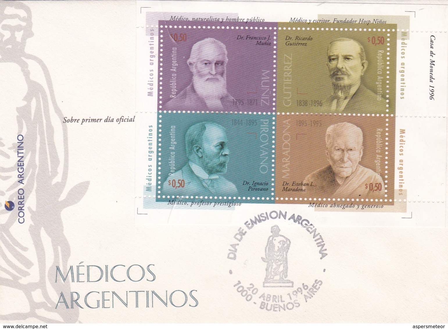 MEDICOS ARGENTINOS-FDC BUENOS AIRES 1996 BLOCK STAMP -BLEUP - Medicina