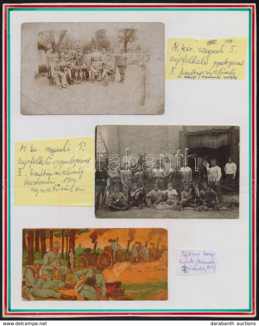 1917 A Szegedi 5 Népfelkelő Gyalogezred II. Hadtápzászlóaljának Katonái. 2 Db érdekes Eredeti Fotó és Egy Számolócédula  - Unclassified