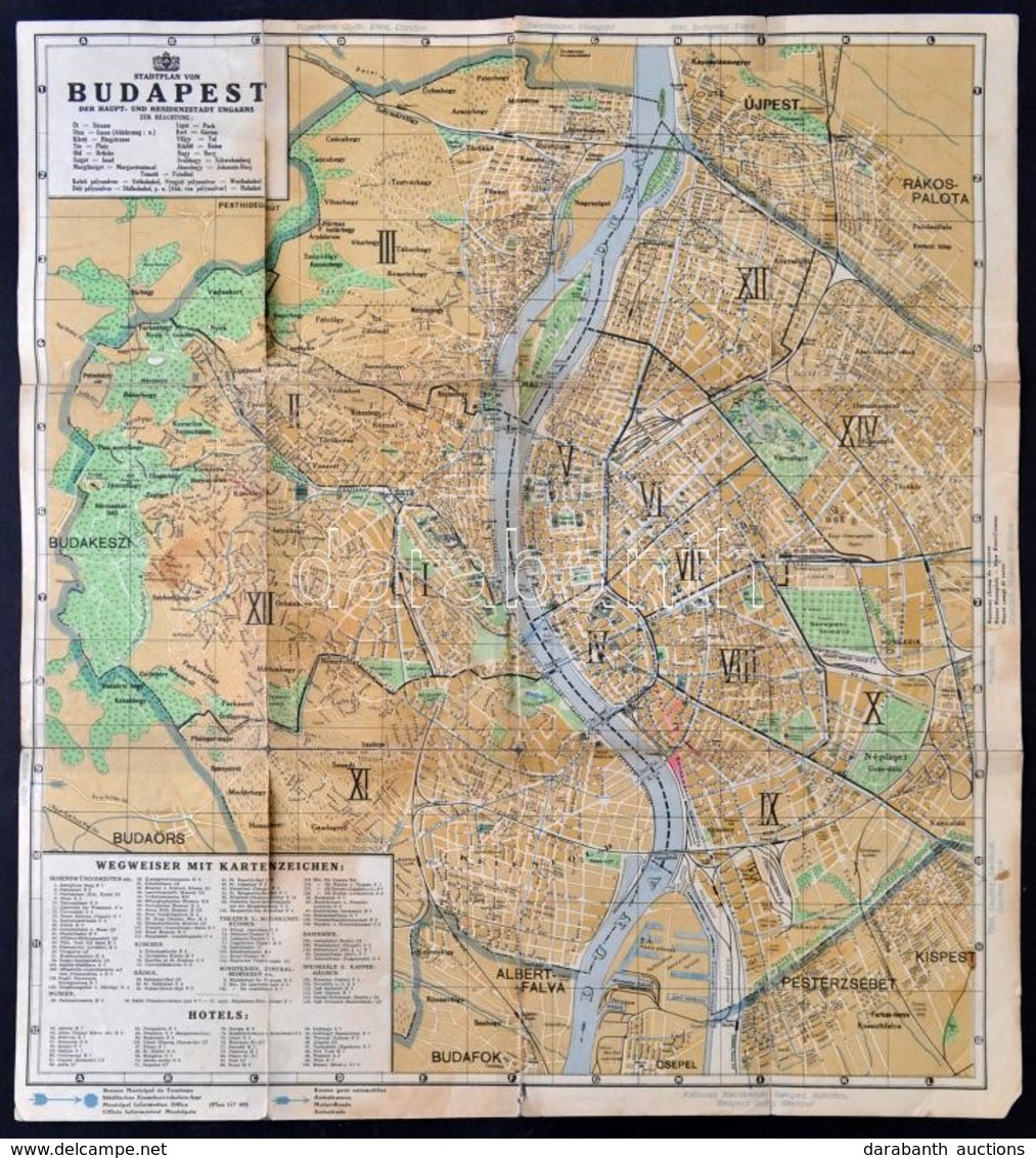 Cca 1930-1940 Budapest Térkép, Német Nyelven, Magyar Nevekkel, Az Egyik Oldalon Ragasztással, 47x43 Cm - Sonstige & Ohne Zuordnung