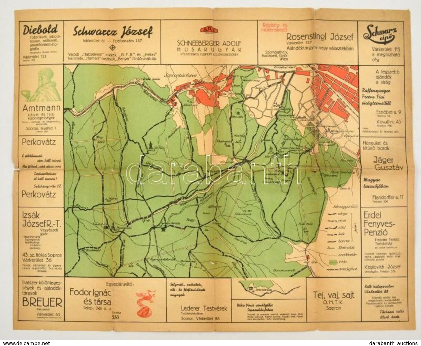 Cca 1930-1940 Sopron, Sopronbálnfalva Részlettérképe, Ismertetővel, Reklámokkal, Szakadással, 42×50 Cm - Altri & Non Classificati