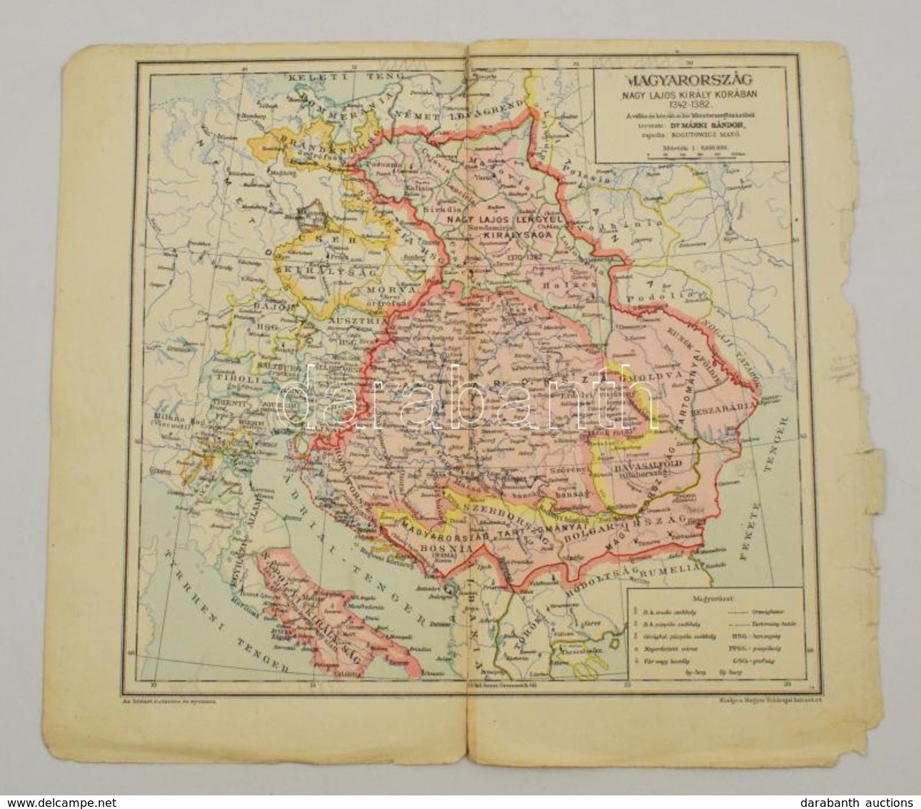 Cca 1920 Magyarország Nagy Lajos Korában 1342-1382, Kiadja A Magyar Földrajzi Intézet Rt., Hajtott, Szakadással, 30×34 C - Sonstige & Ohne Zuordnung