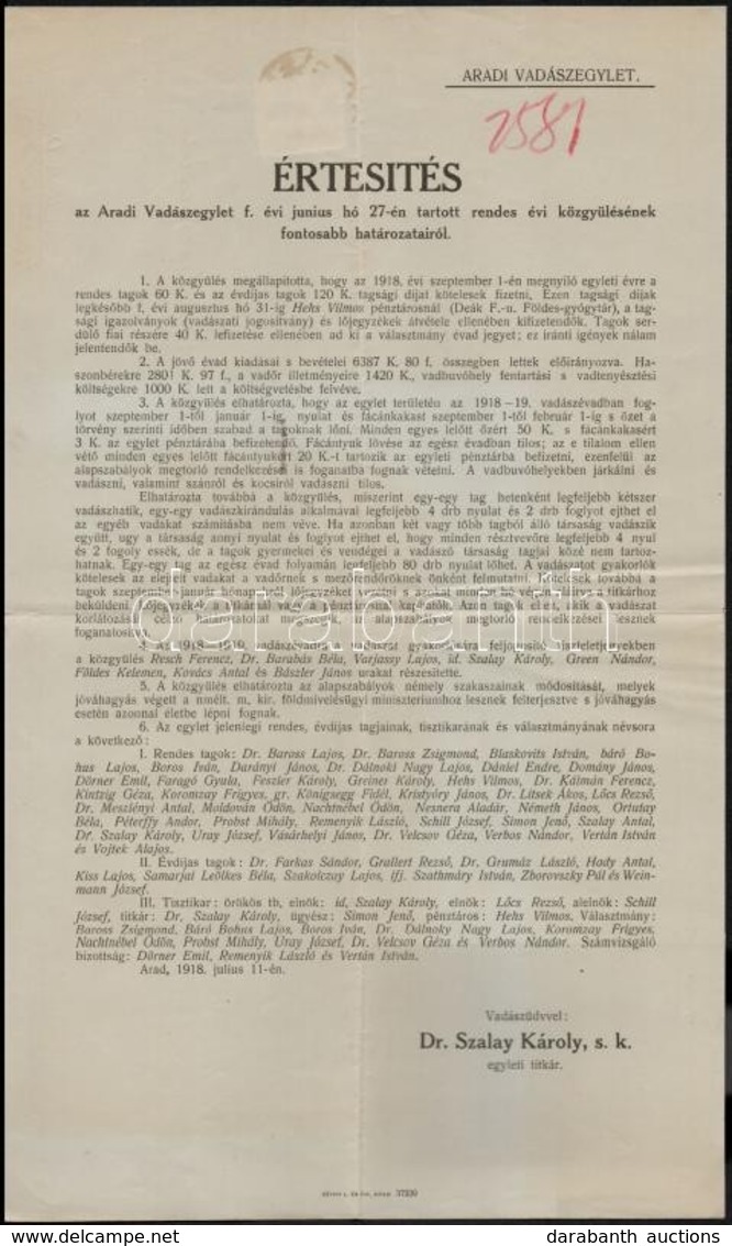 1918 Arad, Értesítés Az Aradi Vadászegylet évi Közgyűlésének Fontosabb Határozatairól - Unclassified