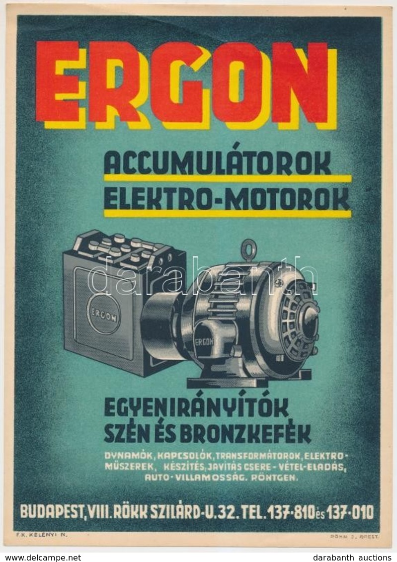 Cca 1930-1940 Ergon Akkumulátorok és Elektromotorok Szórólapja, 24x17 Cm - Non Classificati