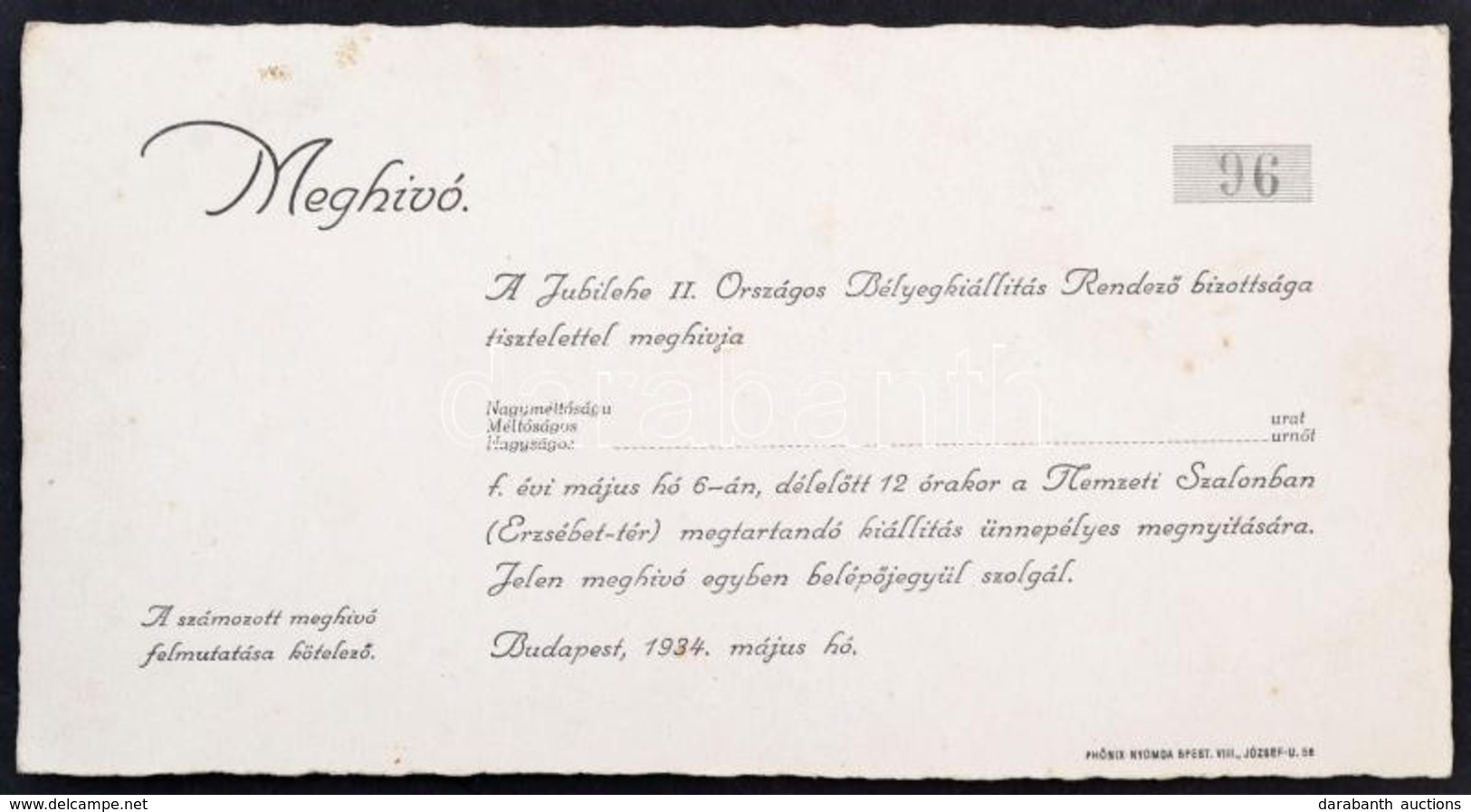1934 A Jubilehe II. Országos Bélyegkiállítás Számozott Meghívója. Hátoldalán Rajzzal - Ohne Zuordnung