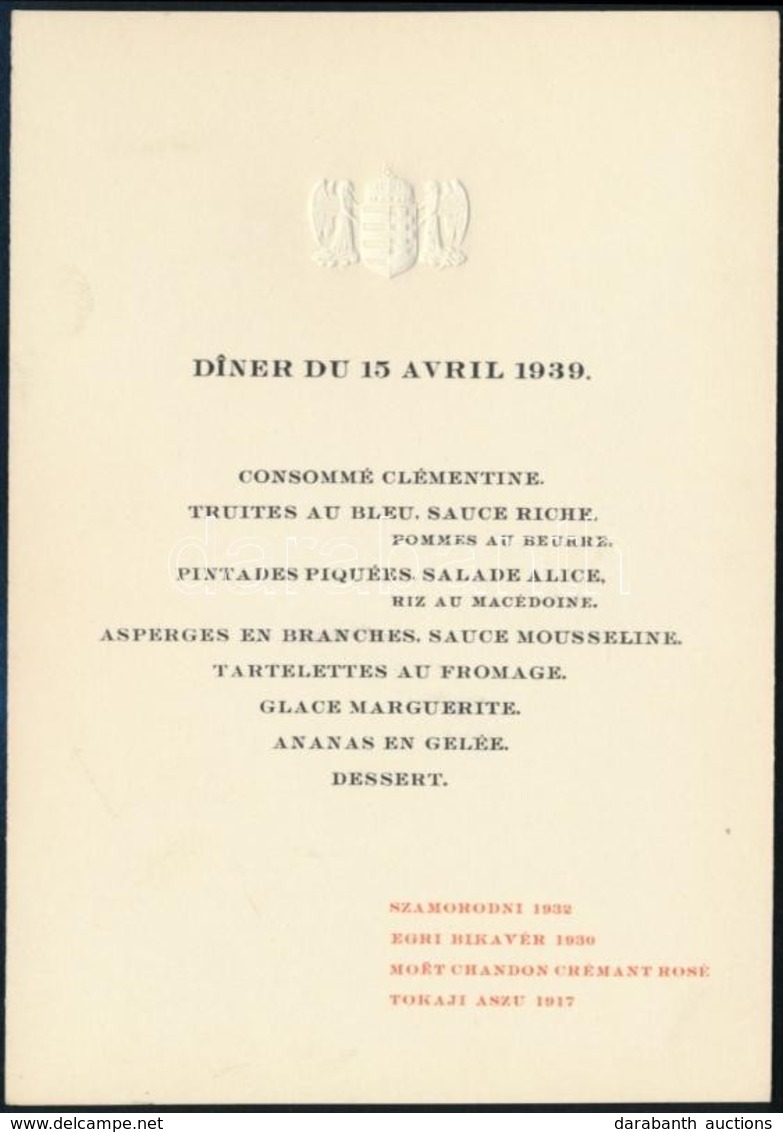 1939 Francia Nyelvű, Angyalos Címeres Menükártya - Ohne Zuordnung