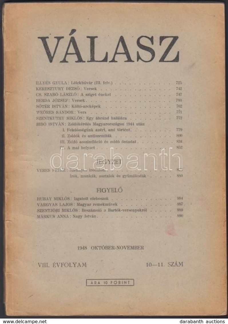 1948 A Válasz VIII. évfolyamának 10-11. Száma, Benne Bibó István: Zsidókérdés Magyarországon 1944 Után - Unclassified