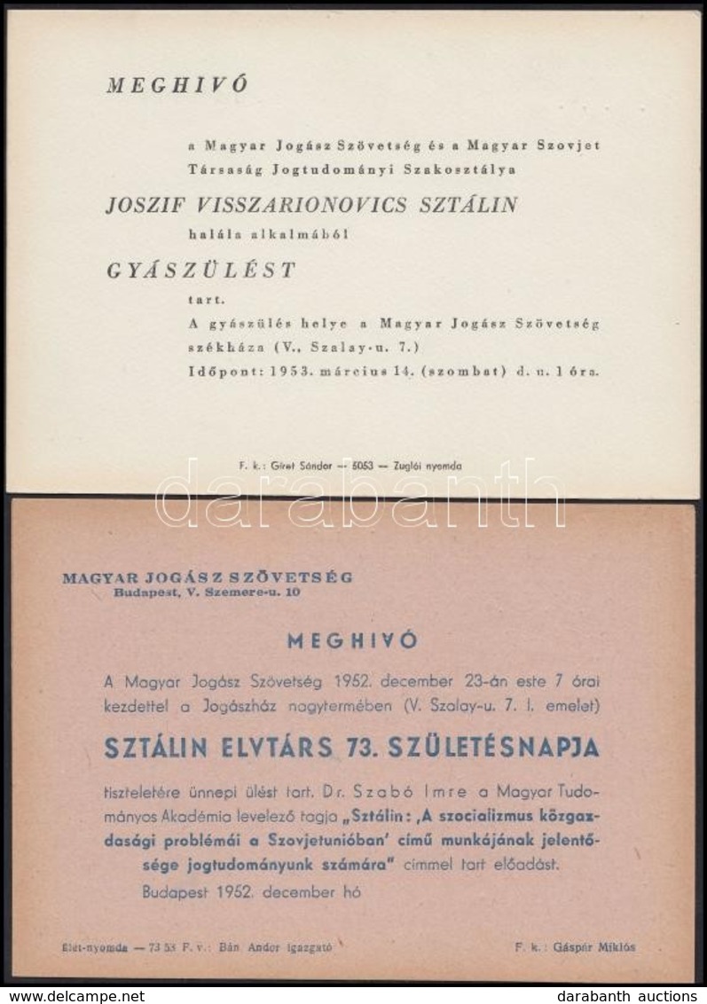 1952-1953 Magyar Jogász Szövetség Sztálin 73. Születésnapjára Rendezett ünnepi ülésének, és Halála Alkalmából Rendezett  - Unclassified