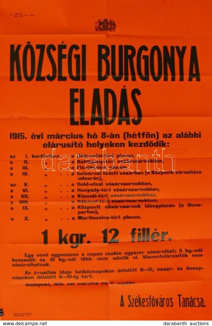 1915 Budapest Községi Burgonyaeladást Kihirdető Hirdetmény 60x90cm - Other & Unclassified