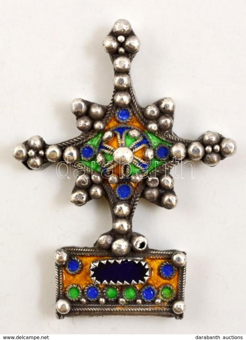 Marokkói Dél-Csillaga Ezüst Medál Színes, Rekeszzománc Díszítéssel. Kézműves Munka. 9 Cm, 51g / Silver South Star Medal. - Other & Unclassified