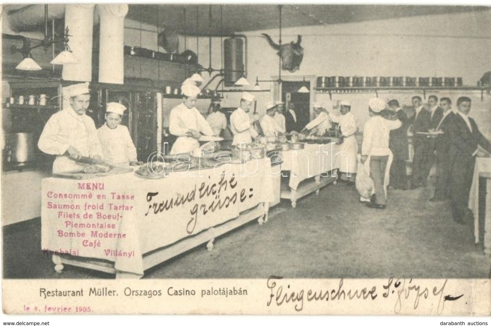 T2/T3 1905 Budapest V. Restaurant Müller Az Országos Kaszinó Palotájában, Konyha Belső, Szakácsok és Pincérek, Riegler J - Non Classificati