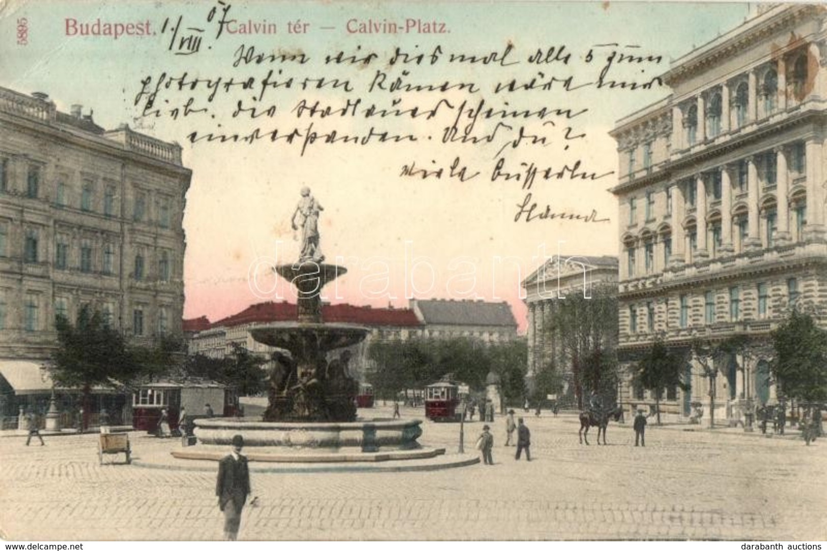 T2/T3 1907 Budapest VIII. Kálvin Tér, Villamosok, Szökőkút. Taussig A. (EK) - Non Classificati