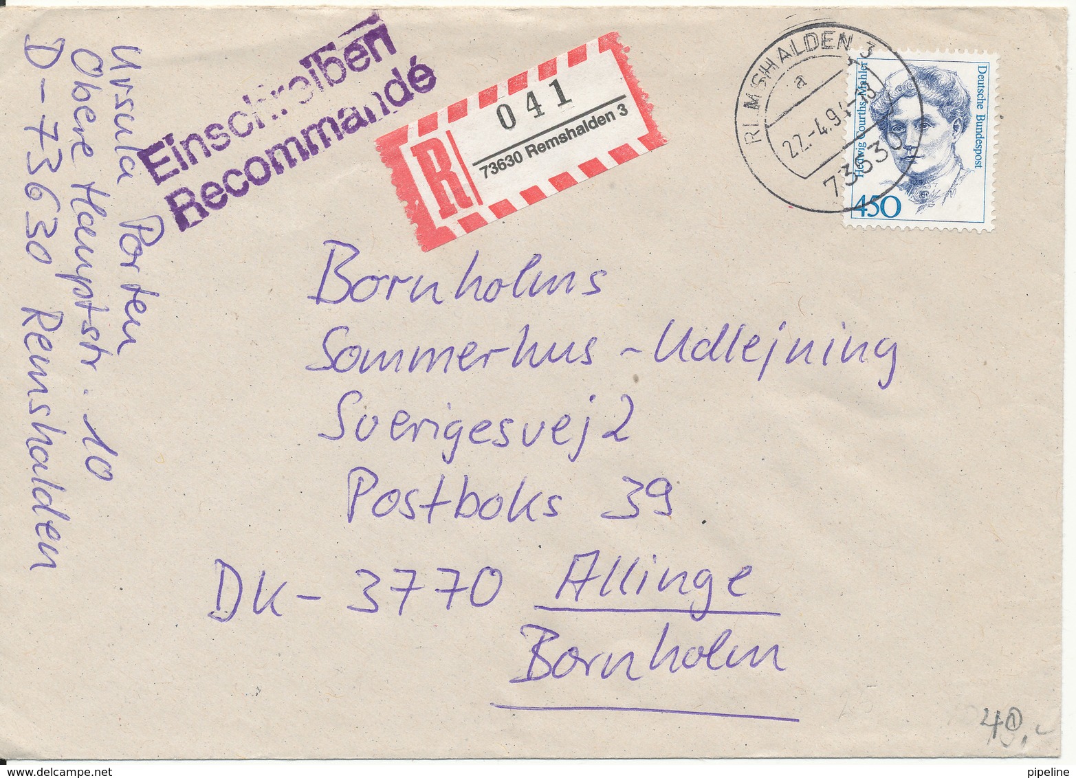 Germany Registered Cover Sent To Bornholm Denmark Remshalden 22-4-1991 Single Franked - Covers & Documents