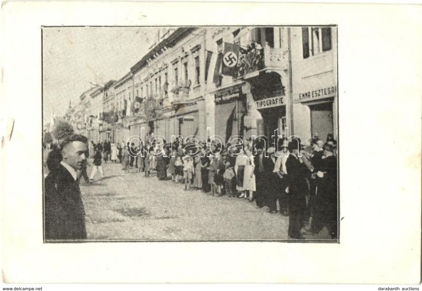 T3 1940 Szászrégen, Reghin; Bevonulás, Szvasztika Zászló / Entry Of The Hungarian Troops, Swastika Flag. So. Stpl (kis S - Unclassified