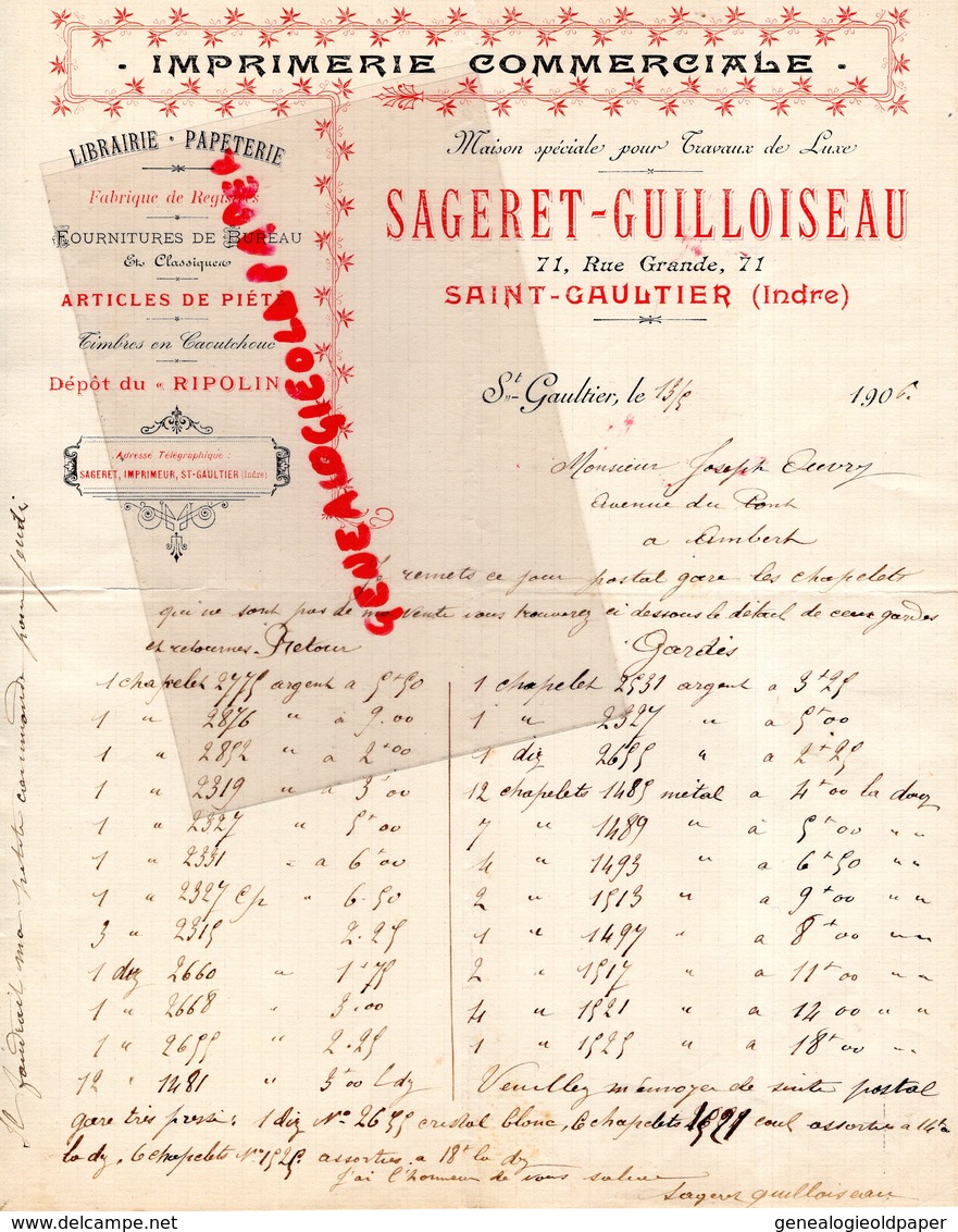 36- ST SAINT GAULTIER- RARE FACTURE MANUSCRITE SIGNEE SAGERET GUILLOISEAU-IMPRIMERIE COMMERCIALE-LIBRAIRIE PAPETERIE- - Imprimerie & Papeterie