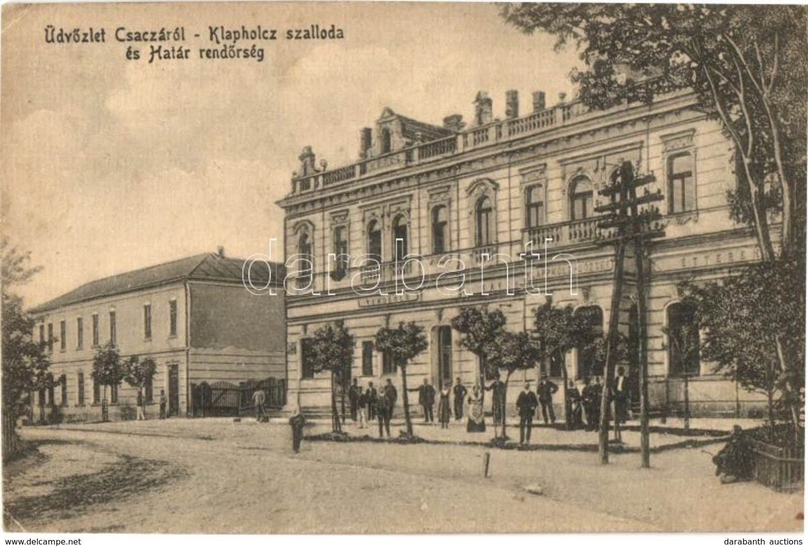 * T2/T3 1919 Csaca, Cadca, Caca; Klapholcz Szálloda, étterem és Kávéház, Határrendőrség. Kiadja Taub Emil / Hotel, Resta - Unclassified