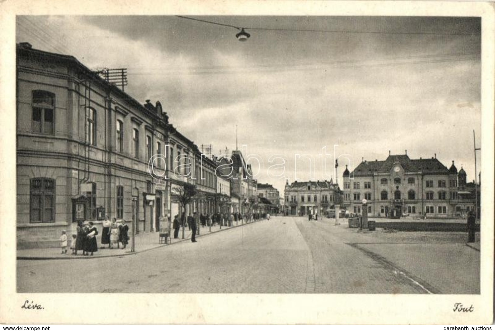 T2 Léva, Levice; Fő út, üzletek, Autóbusz, Utcai Benzintöltő állomás / Main Street, Shops, Autobus, Gas Filling Station - Unclassified