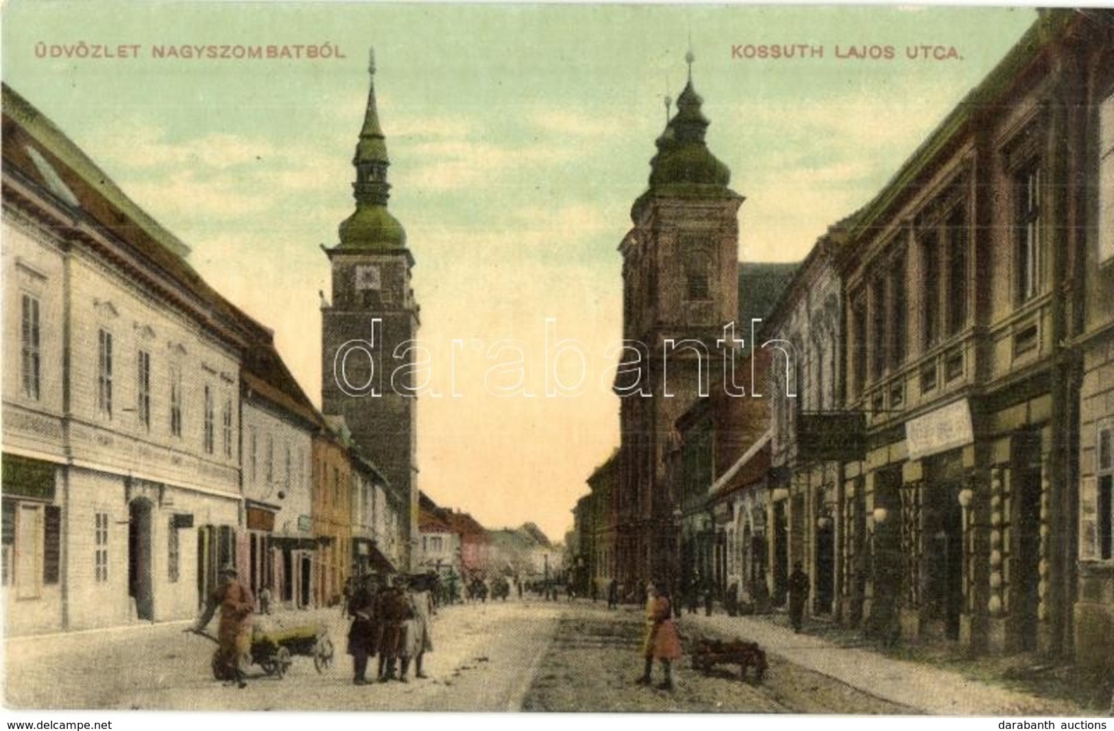 ** T2 Nagyszombat, Tyrnau, Trnava; Kossuth Lajos Utca, Templom, üzletek. W. L. Bp. 706. / Street View, Church, Shops - Unclassified