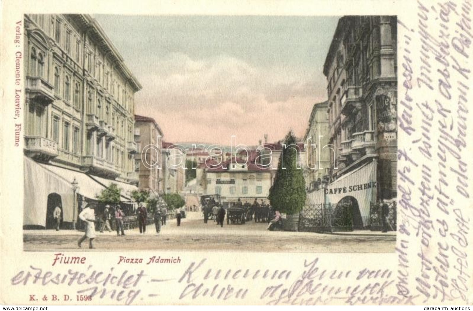 T2 1902 Fiume, Rijeka; Piazza Adamich, Caffé Schenk / Square With Cafes - Non Classés