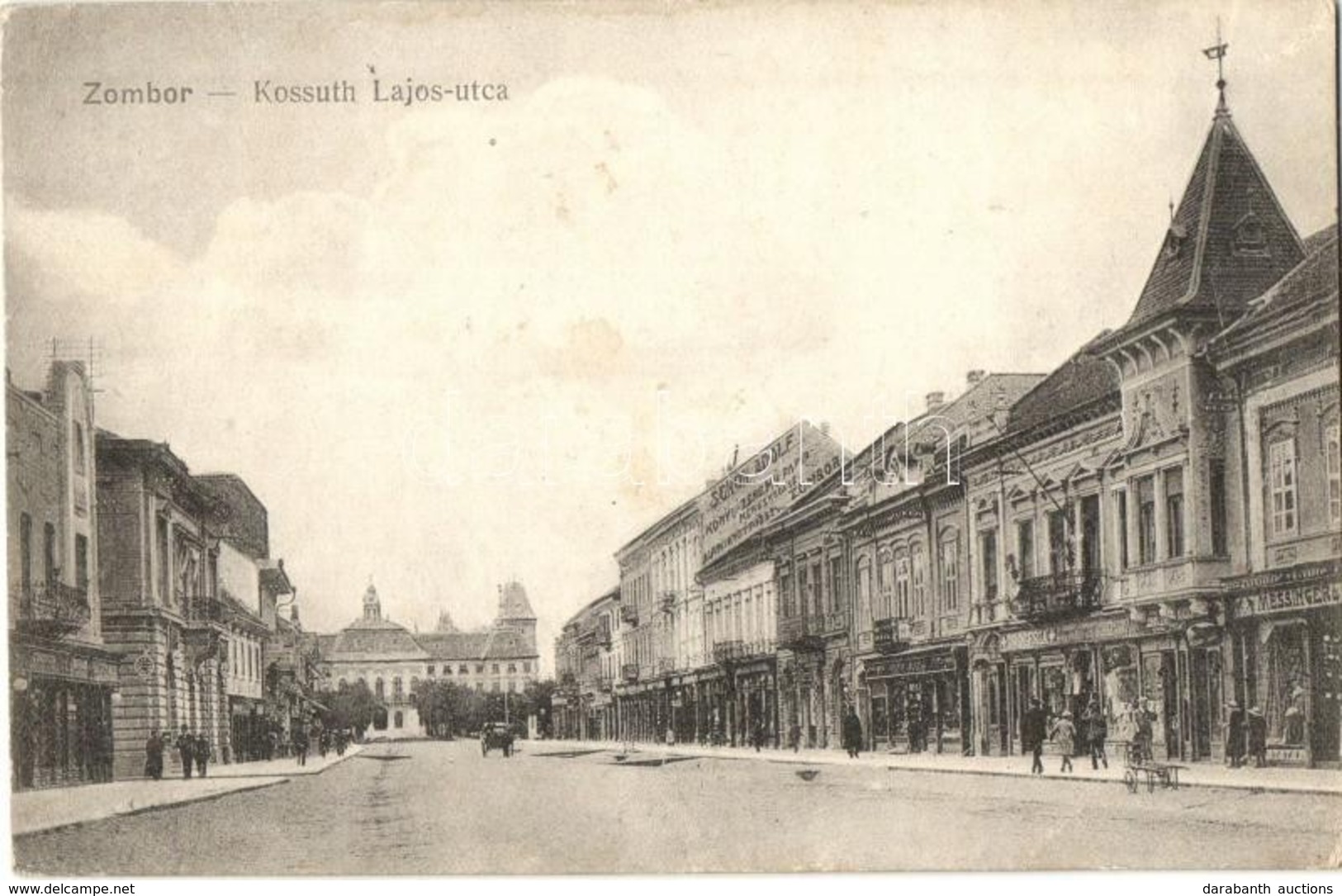 T2/T3 Zombor, Sombor; Kossuth Lajos Utca, Messinger és Ofner üzlete, Drogéria, Kiadja Schön Adolf / Street, Shops (Rb) - Non Classificati