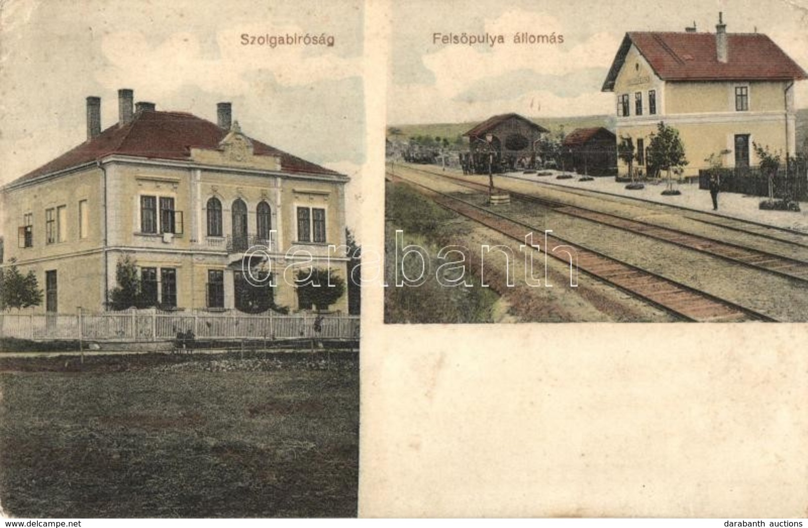 T2/T3 1914 Felsőpulya, Oberpullendorf; Szolgabírósági Hivatal, Vasútállomás, Létra / Constable's Office, Railway Station - Ohne Zuordnung