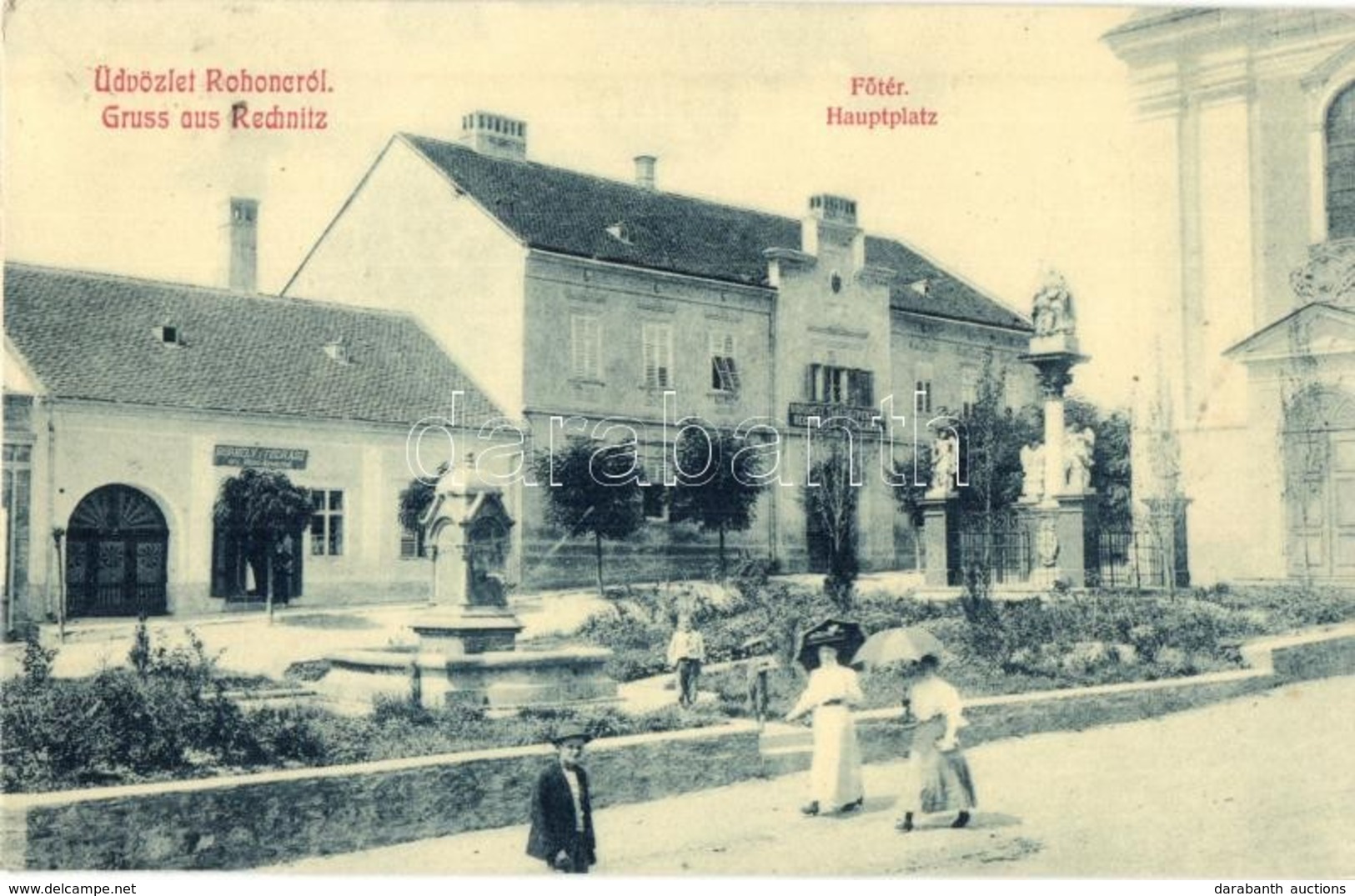 T2/T3 1910 Rohonc, Rechnitz, Rohunac; Hauptplatz / Fő Tér, Takarékpénztár, Özv. Blauné Fodrászata, üzlete. W. L. 2397. / - Non Classés